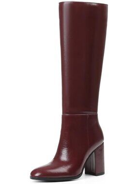 Women's Knee High Boots Round Toe Chunky High Heel Boots Side Zipper Burgundy
